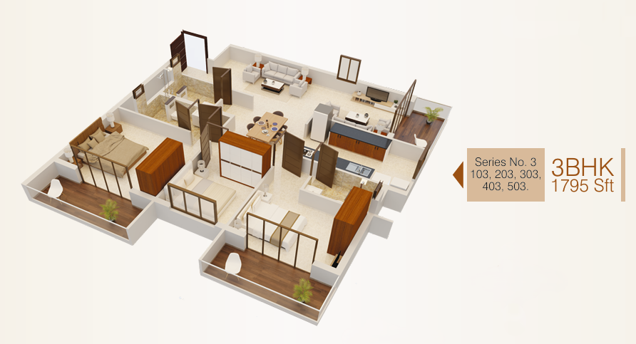 3 BHK apartment floor plan Mangalore — Udbhav Chinmaya, Kadri
