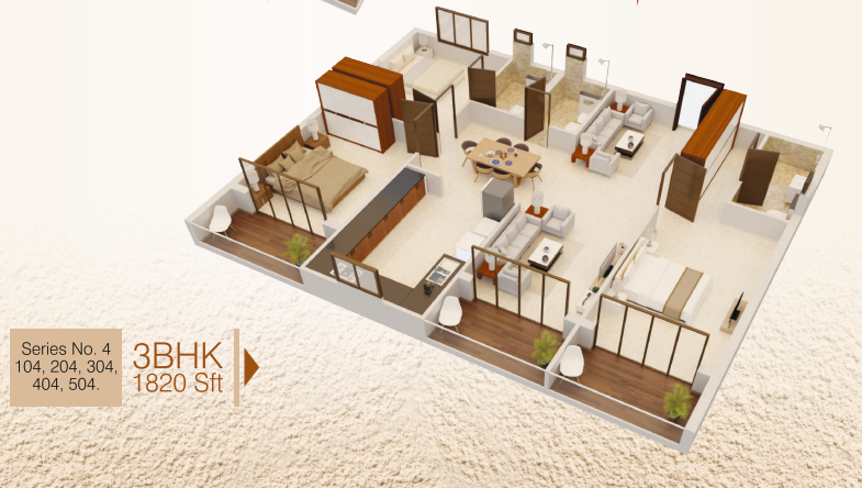 3 BHK apartment floor plan Mangalore — Udbhav Chinmaya, Kadri