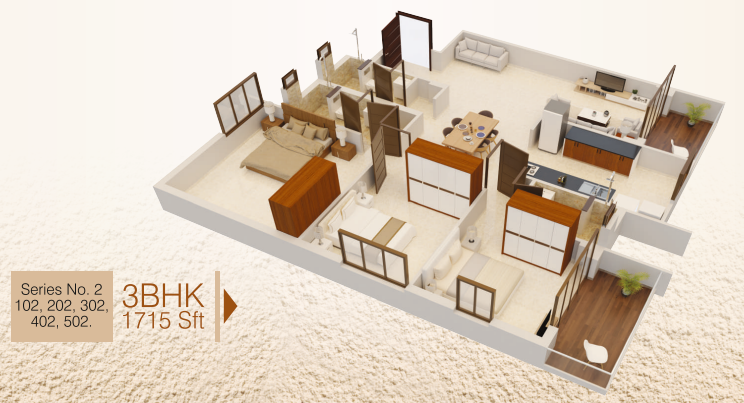 3 BHK apartment floor plan Mangalore — Udbhav Chinmaya, Kadri