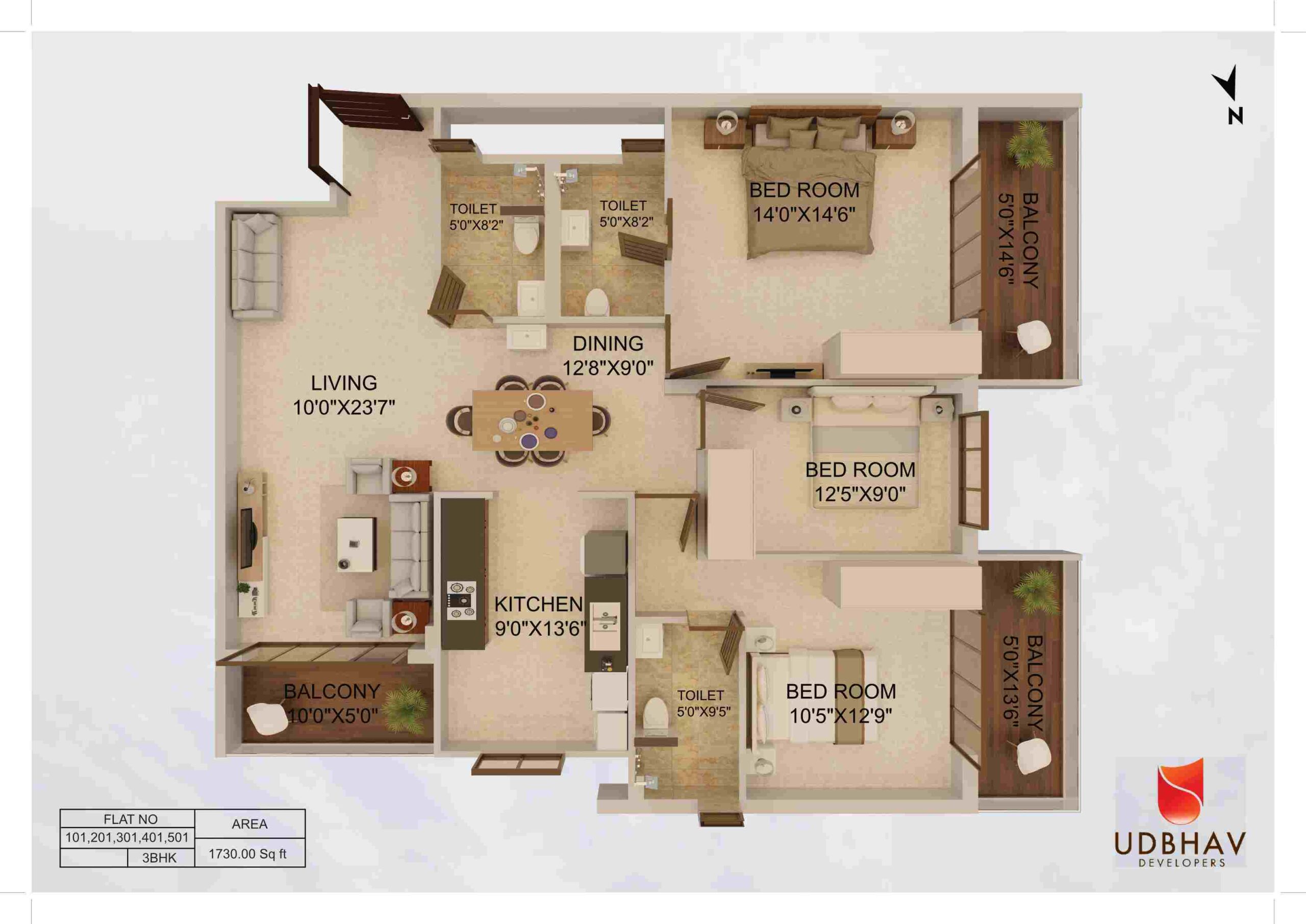 3 BHK apartment floor plan Mangalore — Udbhav Chinmaya, Kadri