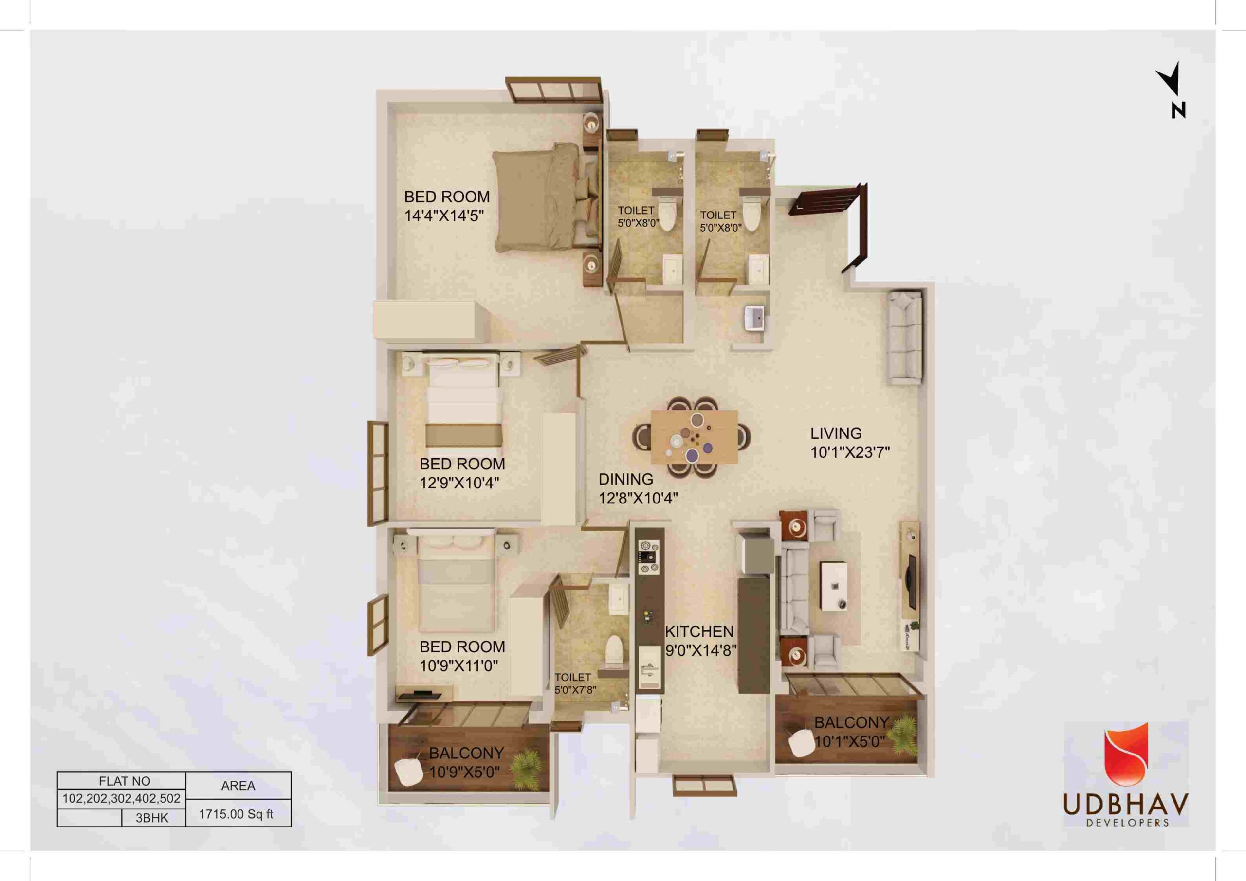 3 BHK apartment floor plan Mangalore — Udbhav Chinmaya, Kadri