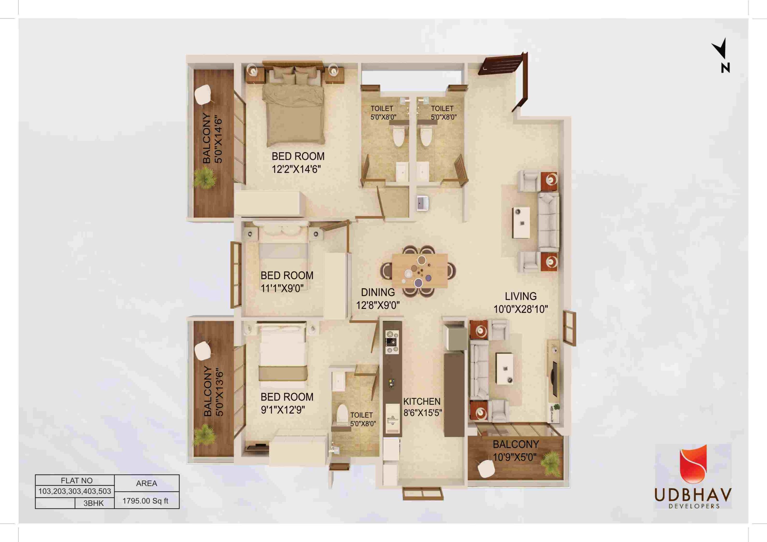 3 BHK apartment floor plan Mangalore — Udbhav Chinmaya, Kadri