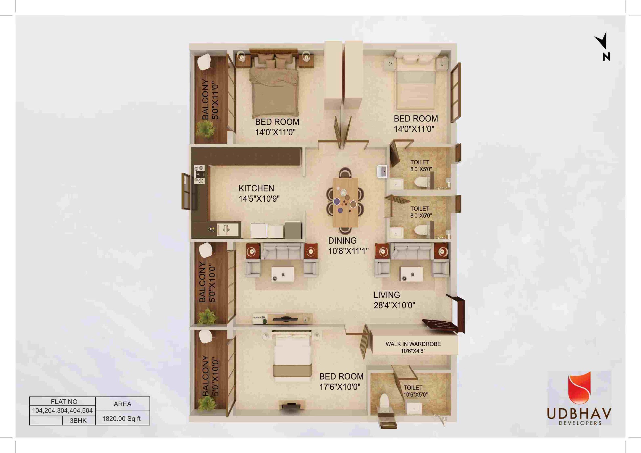 3 BHK apartment floor plan Mangalore — Udbhav Chinmaya, Kadri