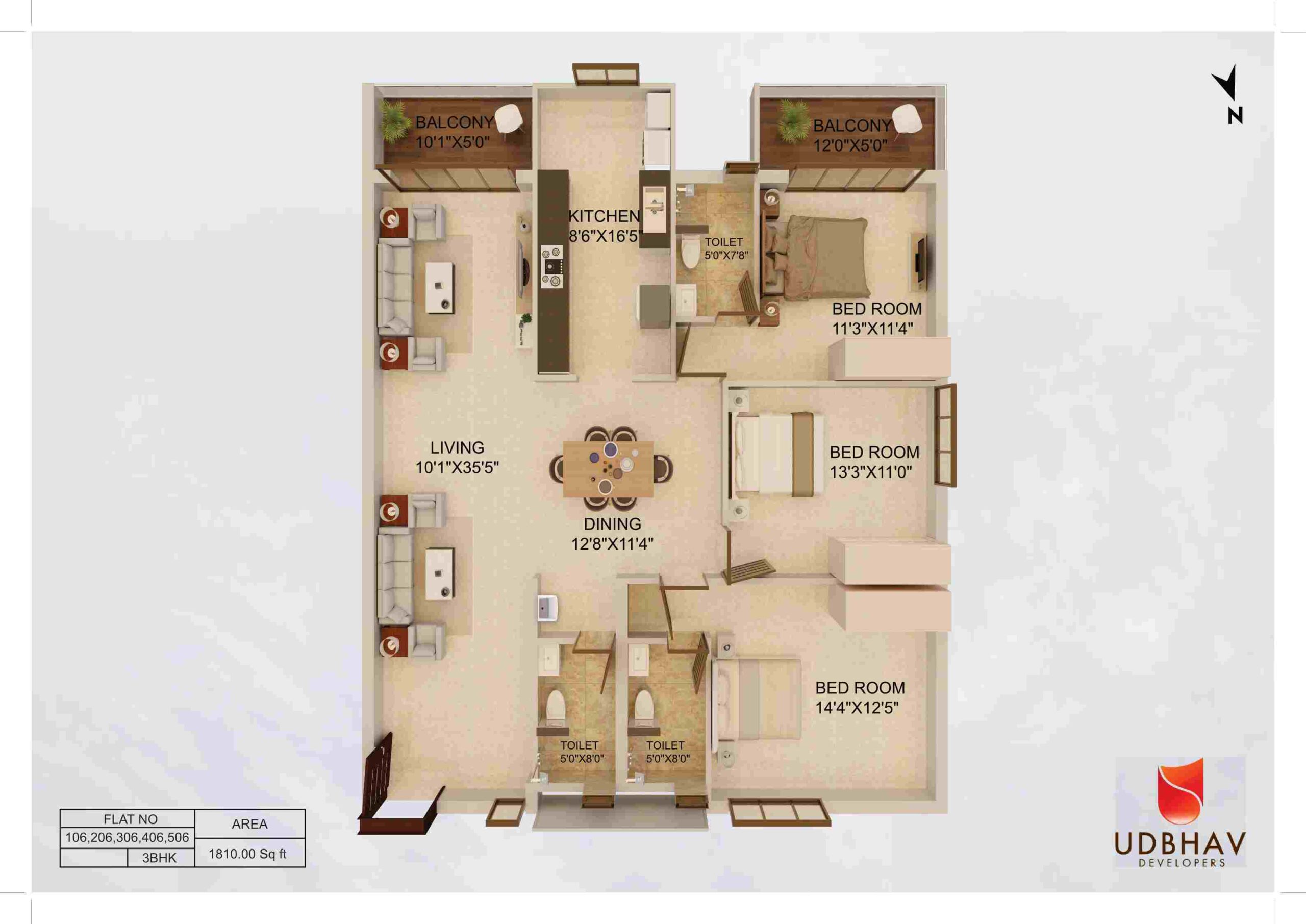 3 BHK apartment floor plan Mangalore — Udbhav Chinmaya, Kadri