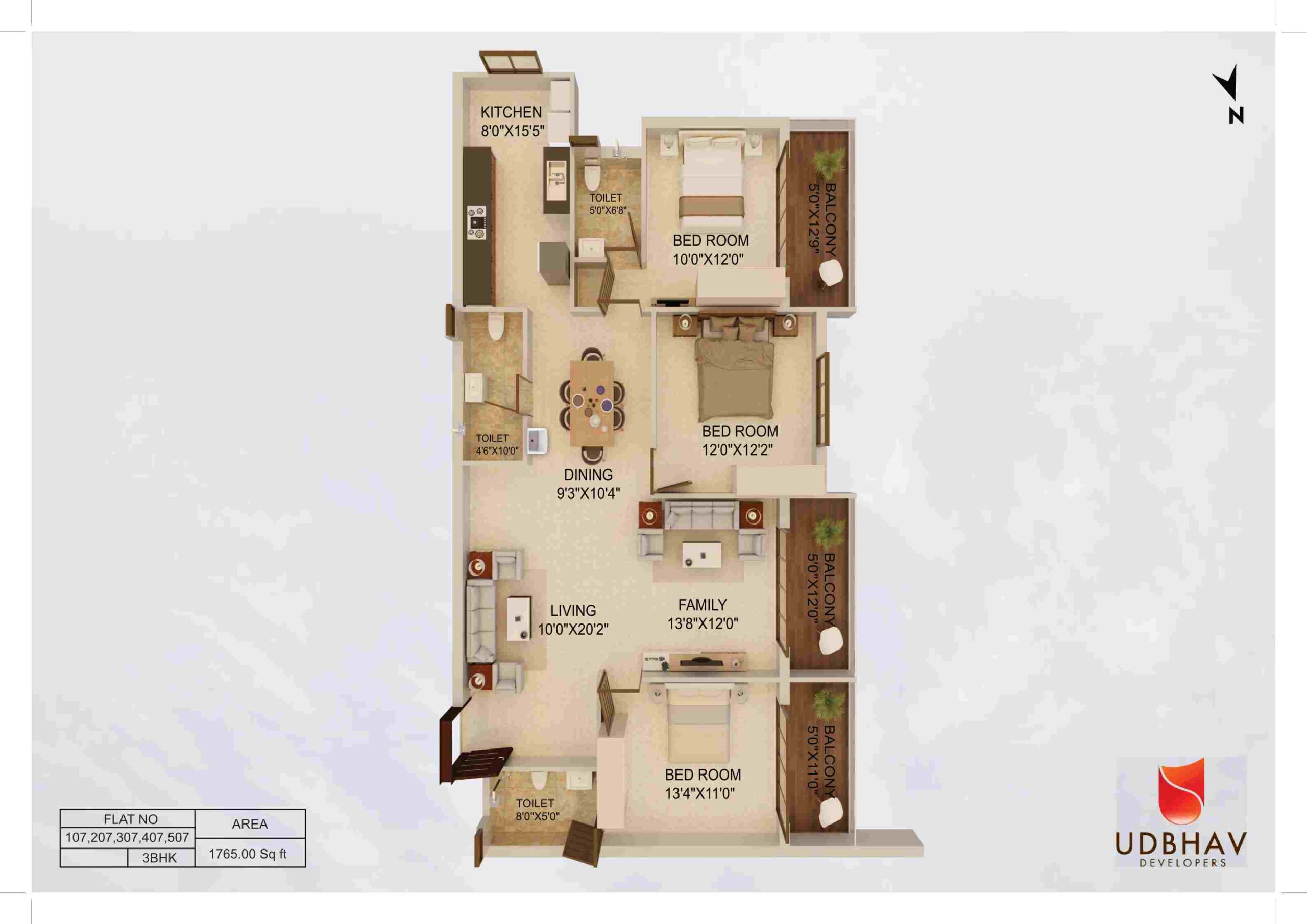 3 BHK apartment floor plan Mangalore — Udbhav Chinmaya, Kadri