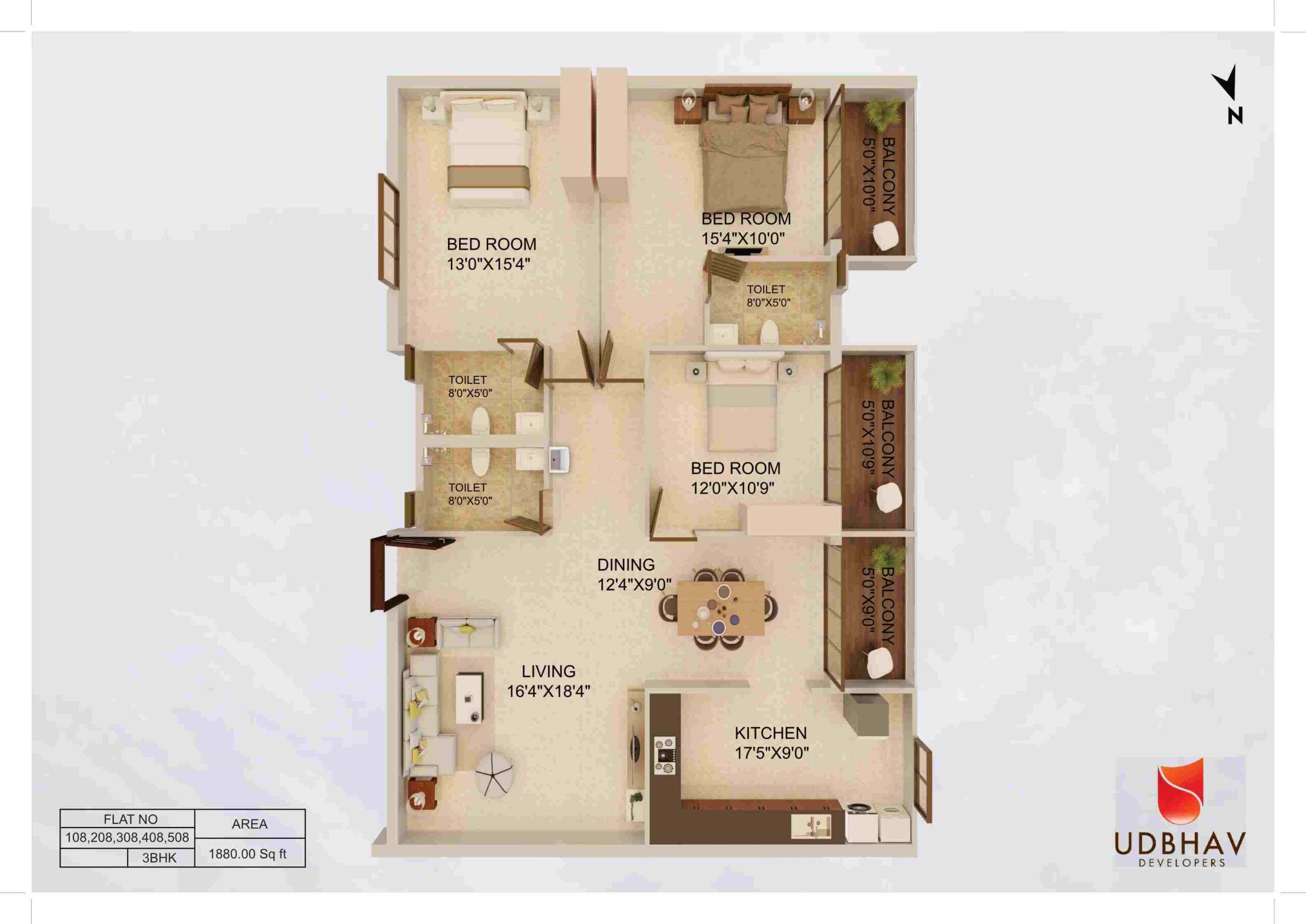 3 BHK apartment floor plan Mangalore — Udbhav Chinmaya, Kadri