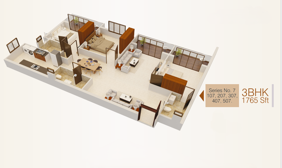 3 BHK apartment floor plan Mangalore — Udbhav Chinmaya, Kadri