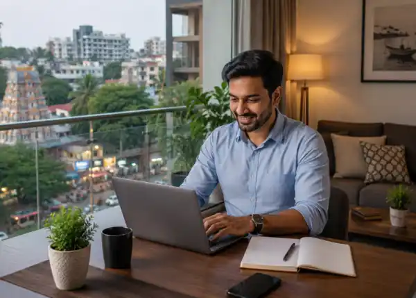 Modern home office setup in a luxury 3 BHK apartment in Kadri, Mangaluru, ideal for working professionals.