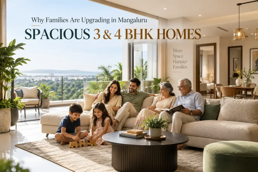 Spacious open-plan living room in a luxury 3 BHK apartment at Udbhav Chinmaya, Mangaluru, ideal for growing families.