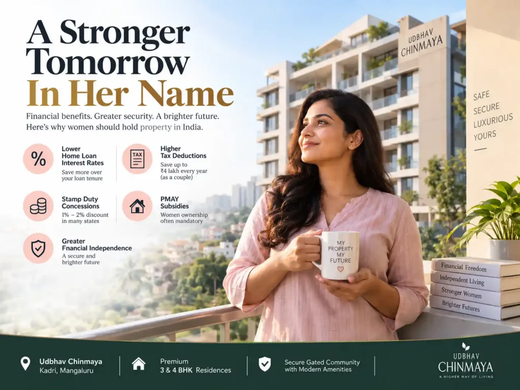 A woman property owner experiencing the financial and lifestyle benefits of a luxury apartment at Udbhav Chinmaya in Mangaluru.