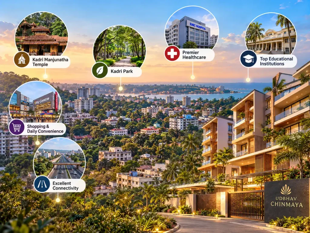 Aerial view of green residential avenues in Kadri Mangaluru featuring luxury apartment living.